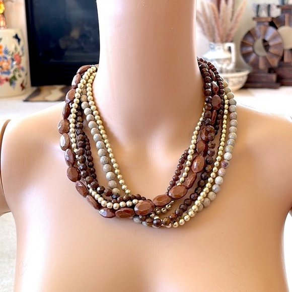 Multi-Strand Beaded Brown & Gold Tone Beaded Statement Necklace Adjustable - Picture 9 of 15